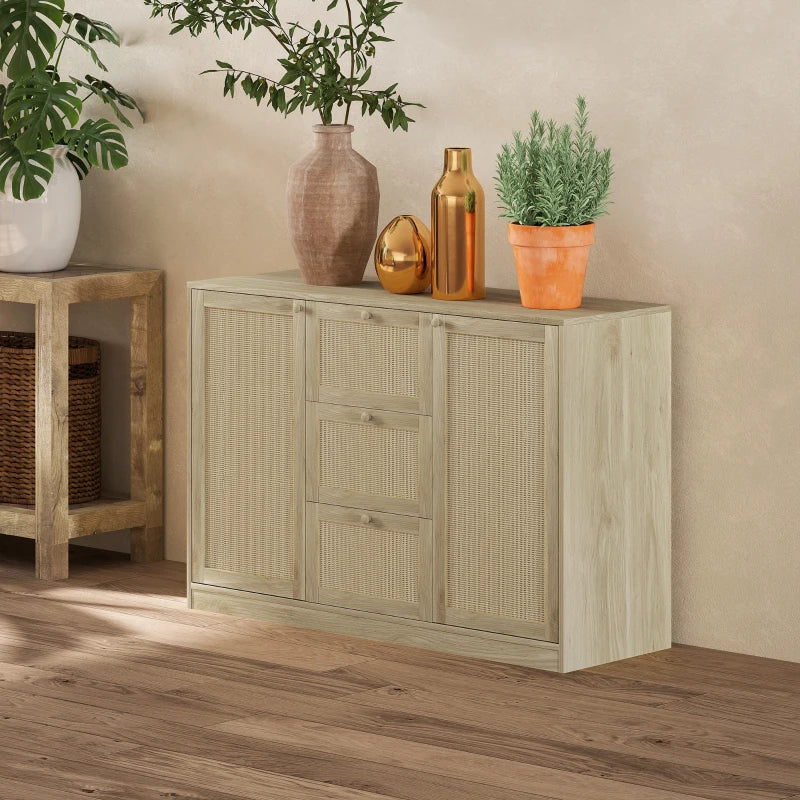 Boho Sideboard Buffet Cabinet, Kitchen Coffee Bar Cabinet with 3 Drawers, 2 Adjustable Shelves and 4 Racks, Natural