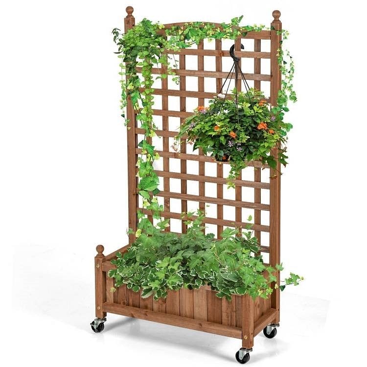Outdoor Solid Wood Raised Garden Bed Mobile Planter Box with Trellis on Wheels - Free Shipping 