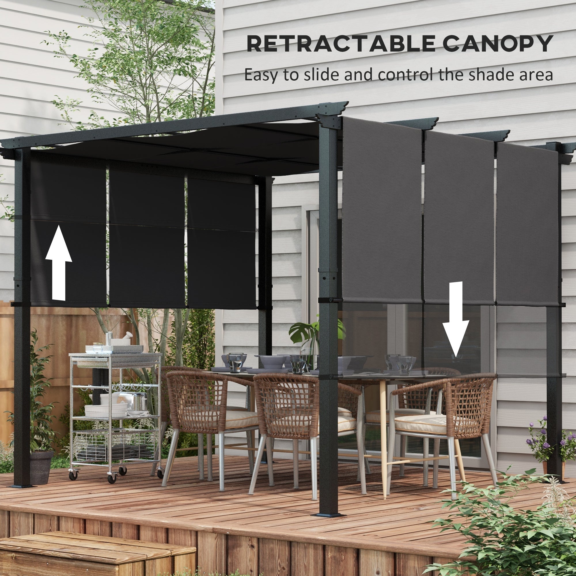 Outsunny 10' x 10' Metal Pergola, Outdoor Pergola with Retractable Canopy, for Garden, Patio, Backyard, Deck, Charcoal Grey 