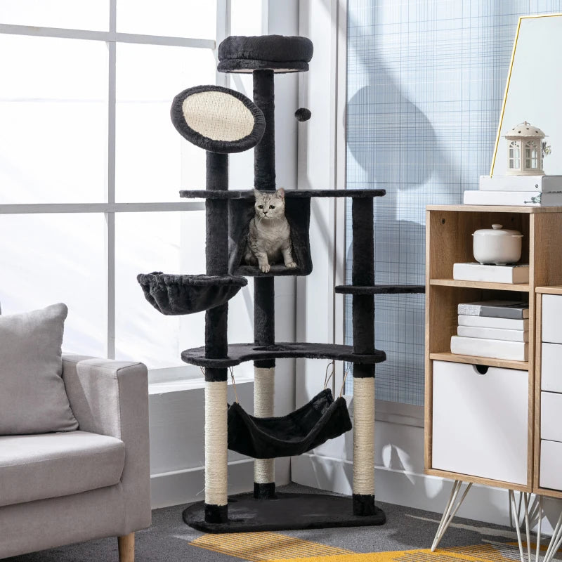 60" Multi-Level Plush Cat Tree, Tall Cat Tower with Scratching Posts and 2 Hammocks, Dark Grey