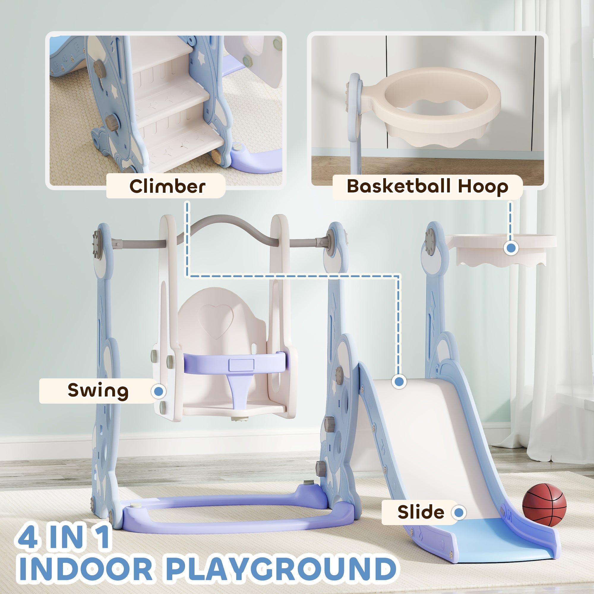 Qaba 4-in-1 Slide and Swing Set with Basketball Hoop, Climber, for Ages 1.5-4 Boys Girls Toddler, Rocket Themed, Light Blue 