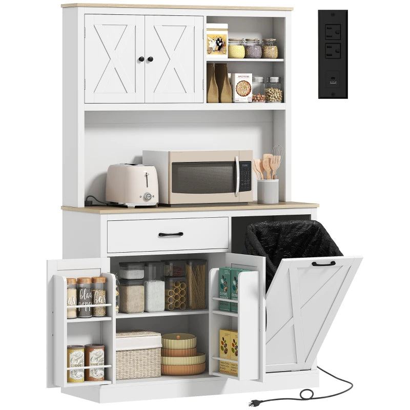 69" Pantry Cabinet with Charging Station, Kitchen Cabinet with Microwave Stand, Tilt-Out Trash Can Cabinet, White