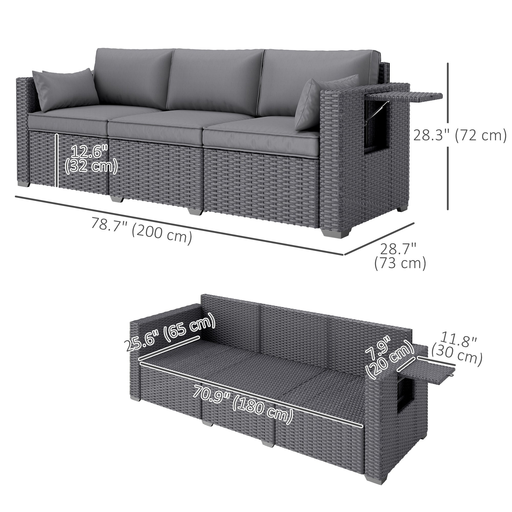 Outsunny 3 Seater Wicker Patio Sofa with Side Trays, Outdoor Couch with 6" Thick Back Cushions, Deep Seating, Grey 