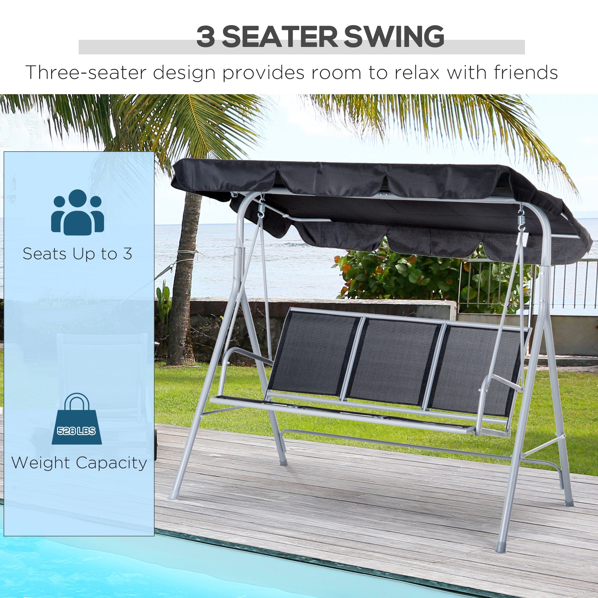 Outsunny A Frame 3 Seater Swing Chair Outdoor Garden Hammock Porch Glider Bed with Canopy Cover Black 