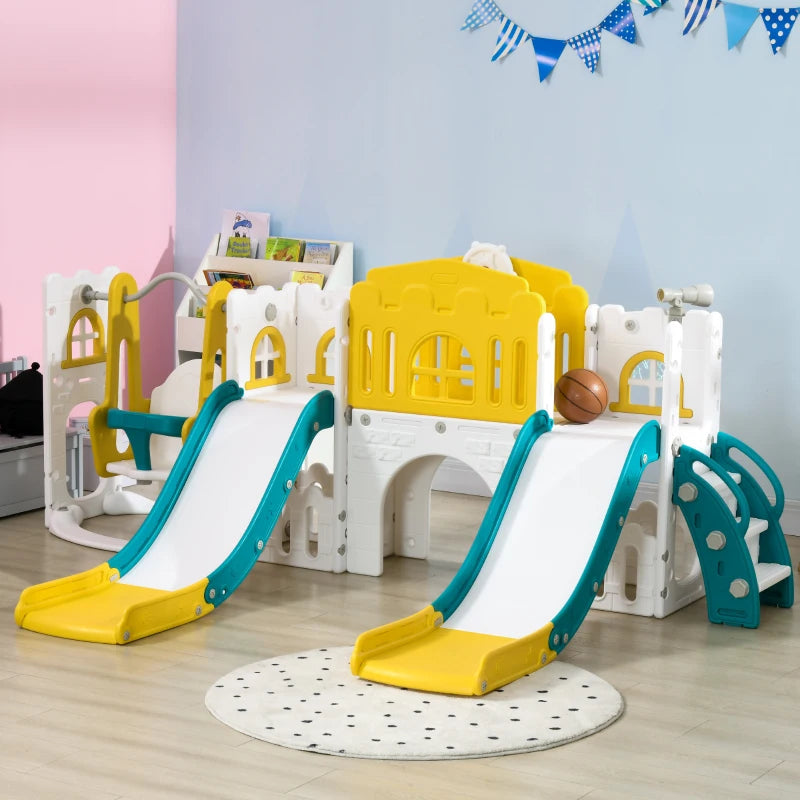 Qaba 8 in 1 Slide and Swing Set, Toddler Slide Set with Basketball Hoop, Climber, Steering Wheel, for Aged 1-3 Years, Yellow