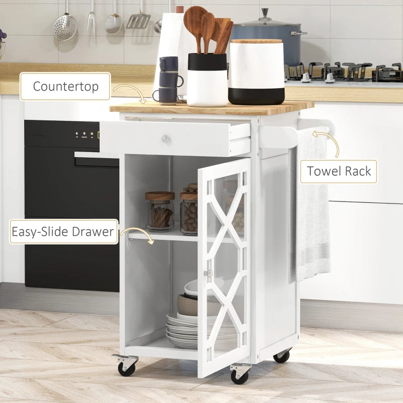 Kitchen Cart on Wheels, Rolling Kitchen Island with Drawer, Glass Door, Towel Rack and Adjustable Shelf, White
