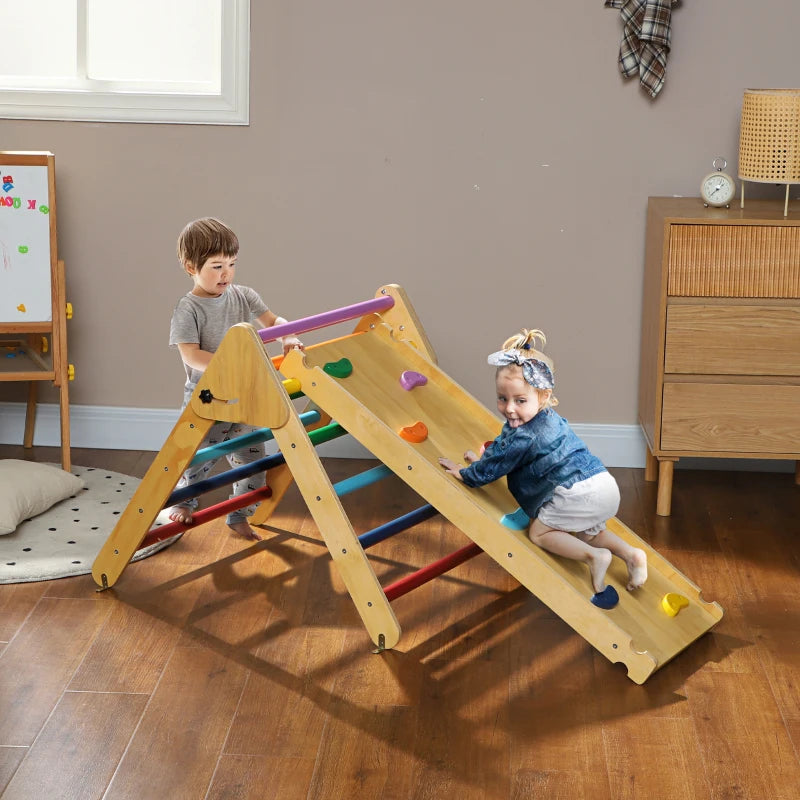 Qaba Pikler Triangle Set, 3 in 1 Climbing Toys with Ramp for Toddlers, Nature Wood