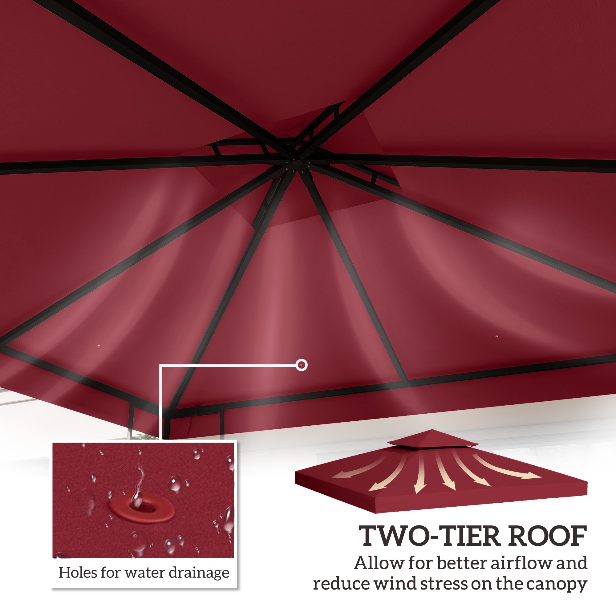 Outsunny 9.8' x 9.8' Square 2-Tier Gazebo Canopy Replacement Top Cover Outdoor Garden Sun Shade, Wine Red 