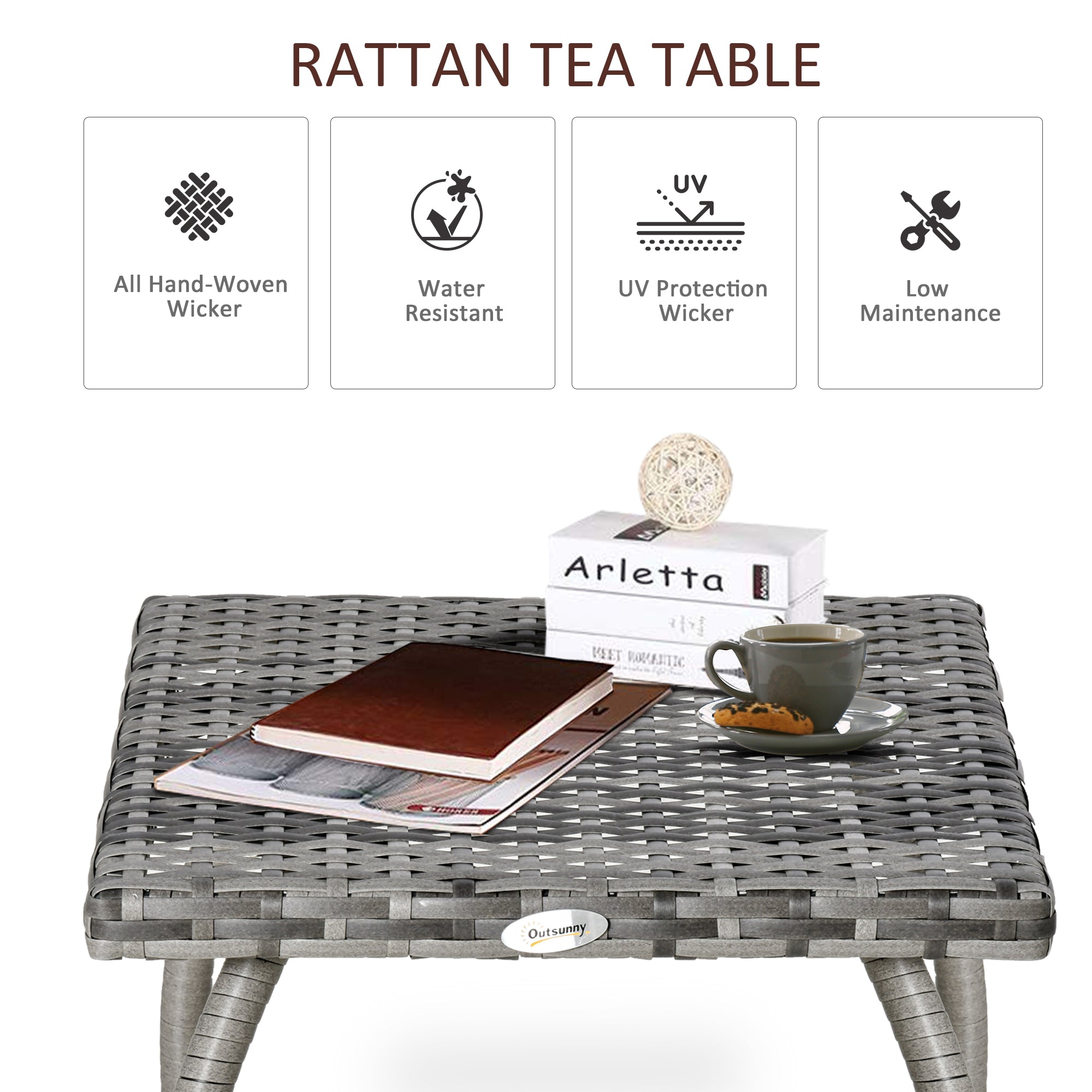 Outsunny Rattan Coffee Table 18" Outdoor Side Patio Wicker Furniture Square All-Weather PE Garden Balcony 