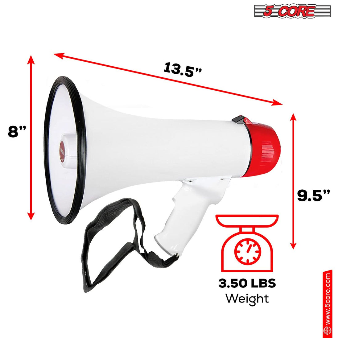 5Core Megaphone Bullhorn Speaker 50W Bull Horn Cheer Megafono 1000 Yards BATTERY