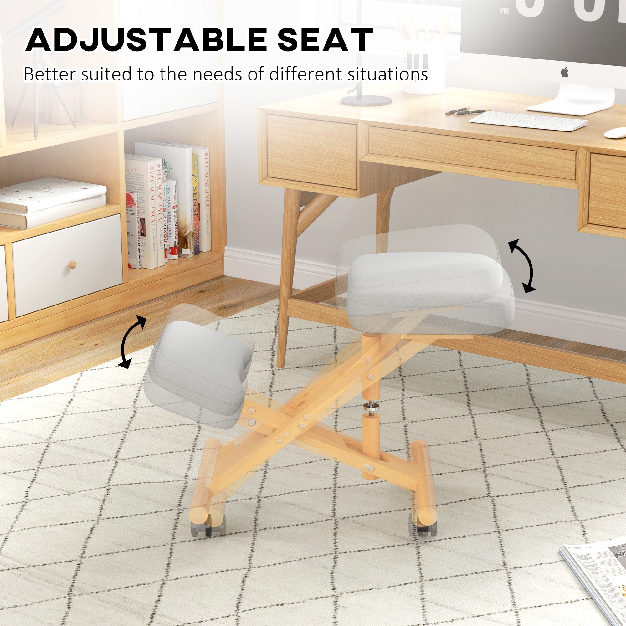 HOMCOM Ergonomic Kneeling Chair, Adjustable Wood Knee Stool with Cushion for Home, Posture Knee Chair with Casters, Cream White 