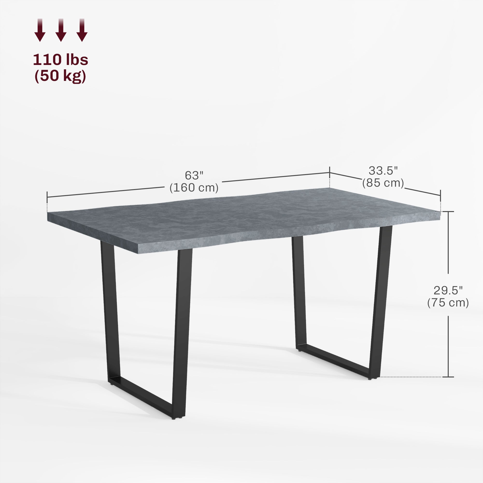 HOMCOM 63" Industrial Wave Edge Dining Table Steel Legs for 6 People Cement Grey 
