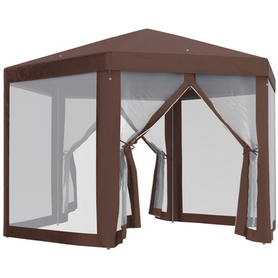 Outsunny 13' x 13' Hexagonal Party Tent, Canopy Tent with Nettings, Zipped Doors for Garden, Patio, Outdoor, Brown 