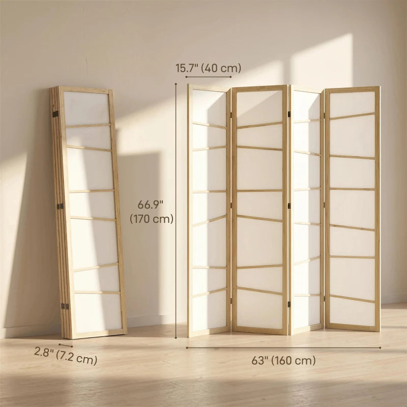 66.9" Folding Room Divider, 4 Panel Wall Partition with Wood Frame for Bedroom, Home Office, Natural Wood