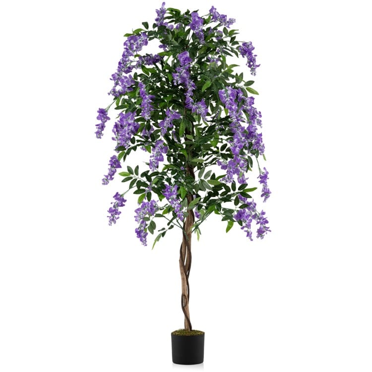 Set of 2 Fake Ficus Plant 6 FT Artificial Wisteria Tree with Natural Trunks and Purple Lifelike Flowers