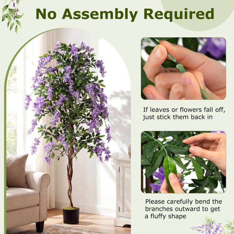 Set of 2 Fake Ficus Plant 6 FT Artificial Wisteria Tree with Natural Trunks and Purple Lifelike Flowers