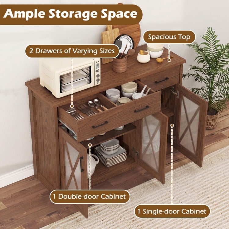 Farmhouse Buffet Sideboard 3-Door Kitchen Storage Cabinet with 2 Drawers-Brown