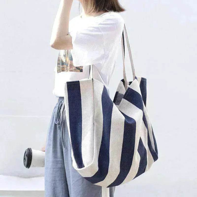 Fashion Shopper Handbags Women Striped Canvas Totes 
