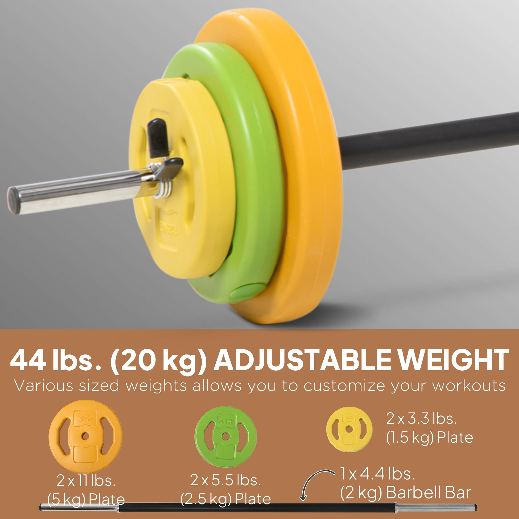 Soozier 44lbs Adjustable Barbell Weight Set Non-Slip Handle for Home Gym Weightlifting Fitness Equipment 