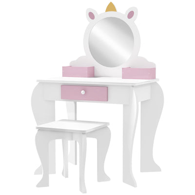 Qaba Unicorn Vanity Set: Stool, Mirror, Drawer, Storage Boxes for Kids, White 