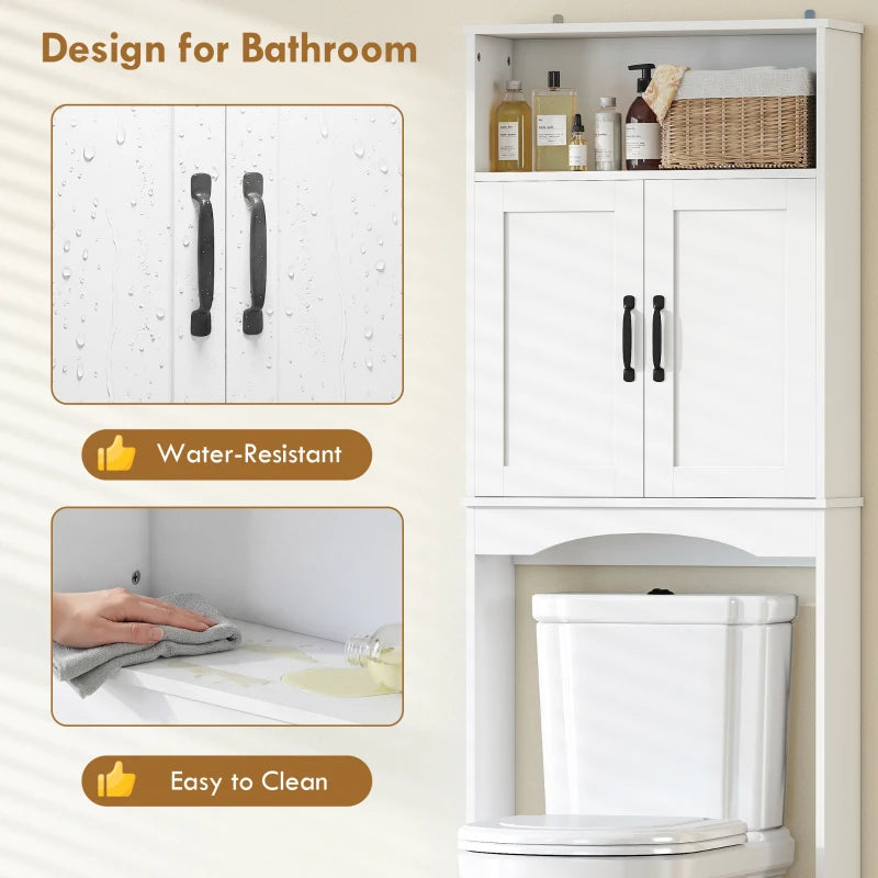 Over the Toilet Storage Cabinet Freestanding Bathroom Organizer with 2 Doors and Open Shelf White