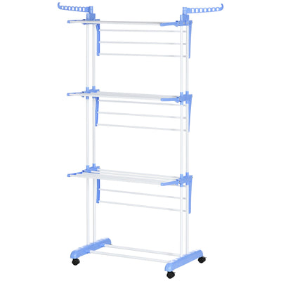 HOMCOM Foldable Clothes Drying Rack, 4-Tier Steel Laundry Racks for Drying Clothes with 2 Side Wings and 4 Castors,  Blue 