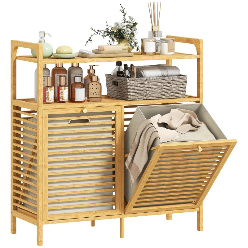 Tilt Out Laundry Hamper, Bamboo Laundry Cabinet with 2 Removable Baskets and 2-Tier Shelves for Laundry Room, Natural