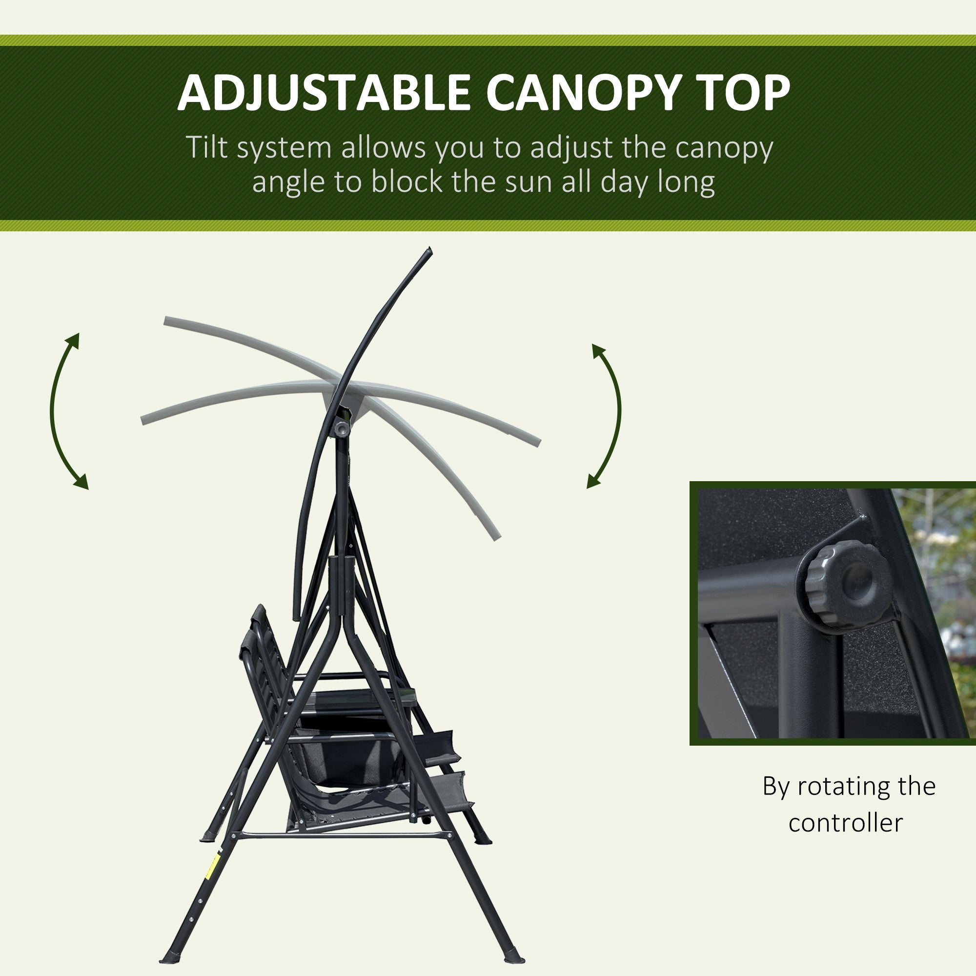 Outsunny 2 Person Covered Porch Swing Patio Swing with Pivot Storage Table, Cup Holder, & Adjustable Overhead Canopy, Black 