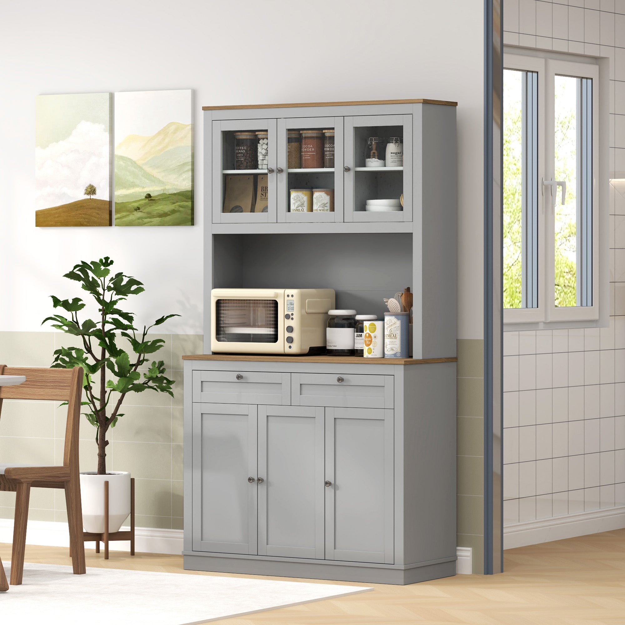 HOMCOM 71" Pantry Cabinet with Microwave Space, Buffet with Hutch, 2 Drawers, Adjustable Shelves and Glass Doors, Grey 