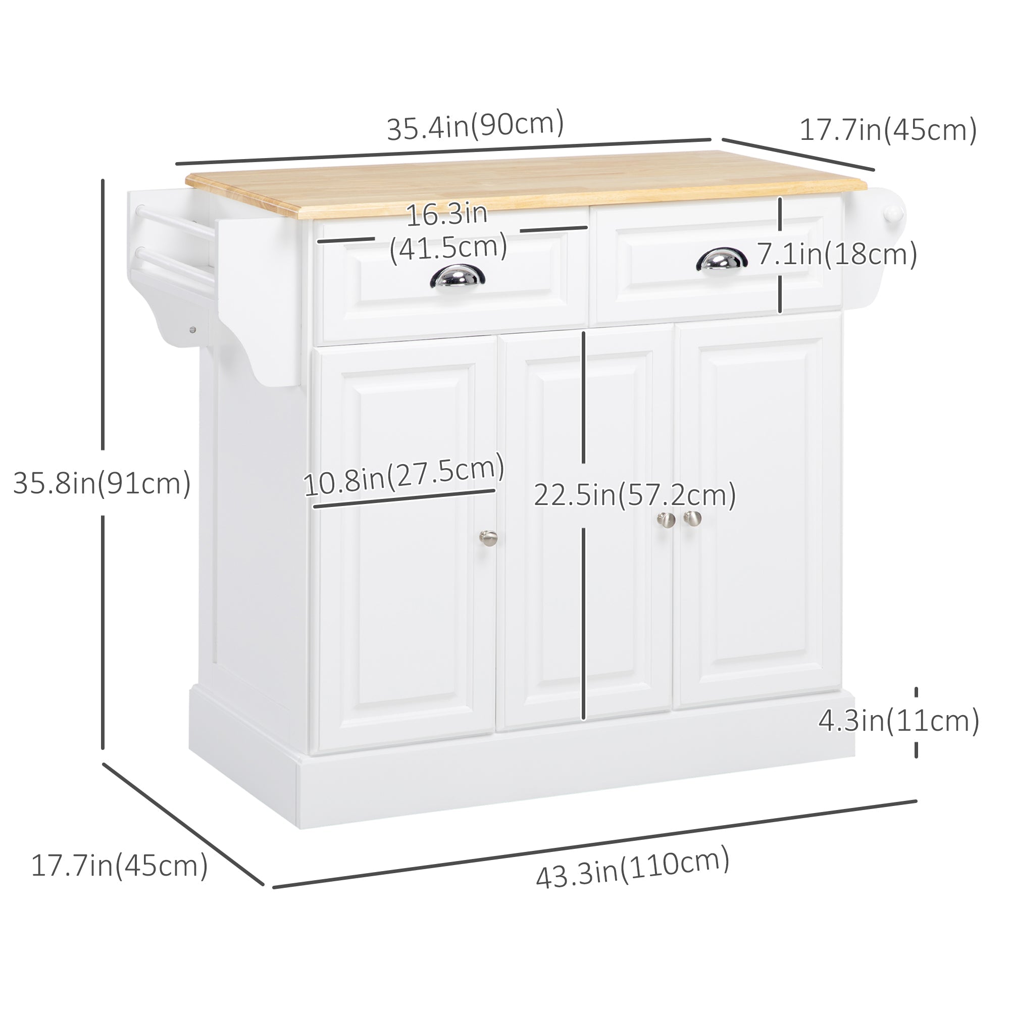 HOMCOM Classic Rolling Kitchen Cart: White Island with Rubber Wood Top, Towel Rack, Drawer & Cabinet Storage 