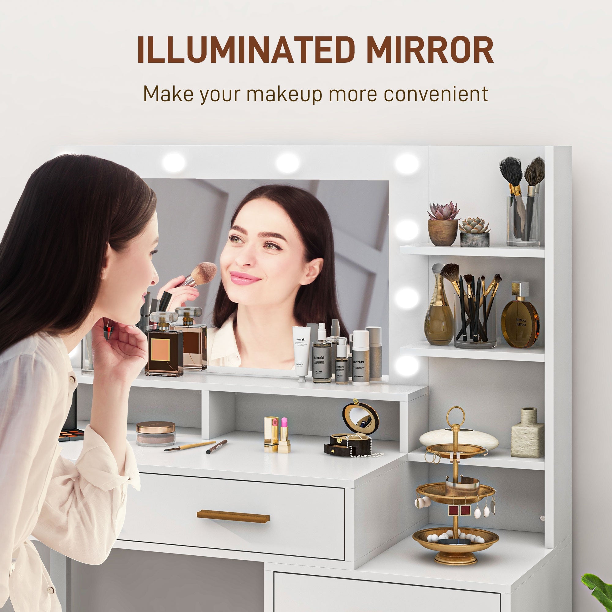 HOMCOM Illuminated Dresssing Table, LED Vanity Table with Mirror, Drawer and Storage Shelves for Bedroom, White 