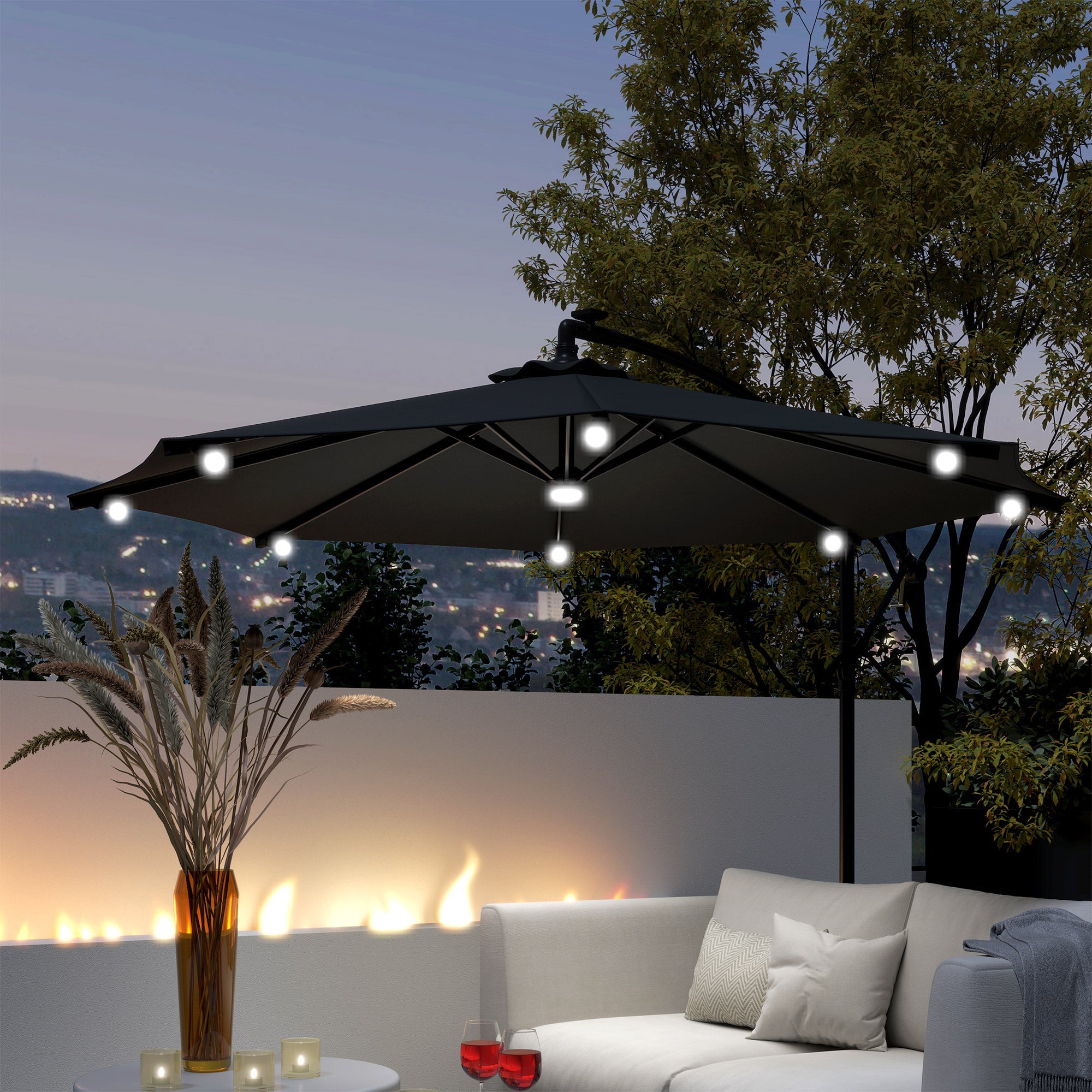 Outsunny 8.8FT Cantilever Patio Umbrella with Solar Powered LED Lights, Crank Handle, Cross Base for Outdoor Sun Shade, Grey 