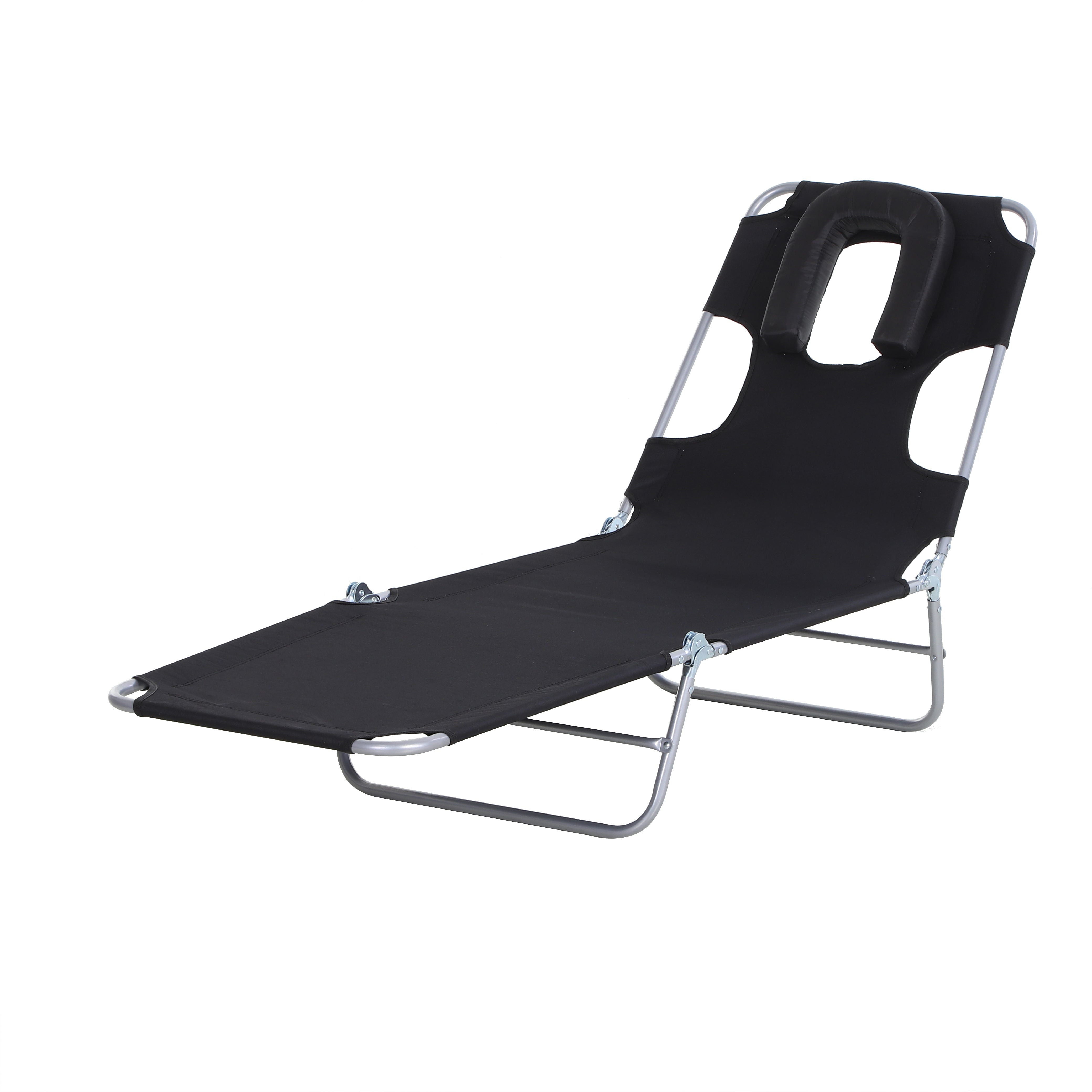 Outsunny Adjustable Folding Chaise Lounge with Face Hole Beach Camping Recliner Sunbed Black 