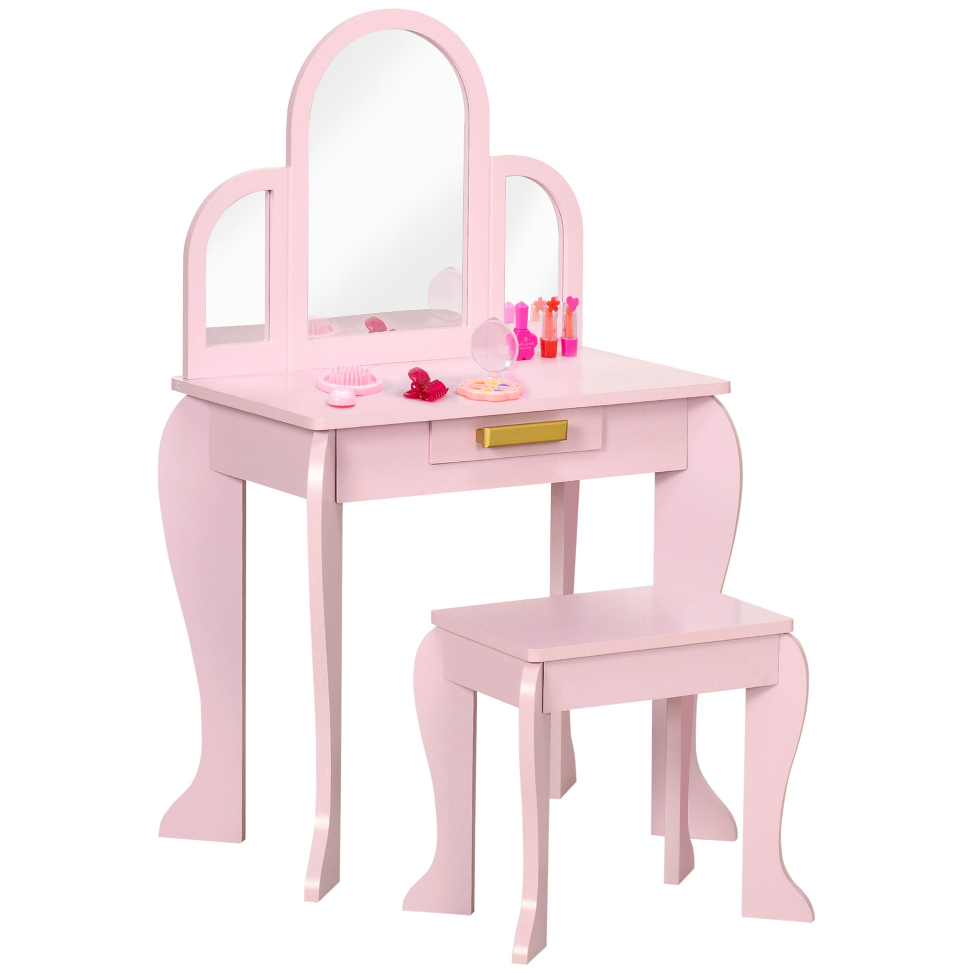 Qaba Kids Dressing Vanity: Makeup Table with Drawer, Chair for Ages 3-6, Pink 