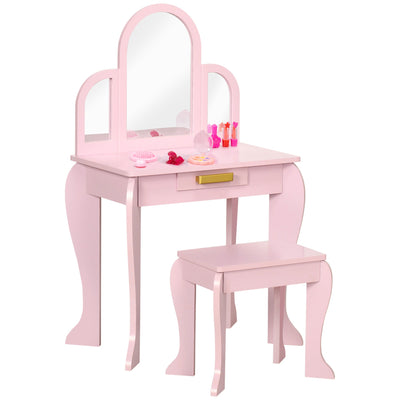 Qaba Kids Dressing Vanity: Makeup Table with Drawer, Chair for Ages 3-6, Pink 