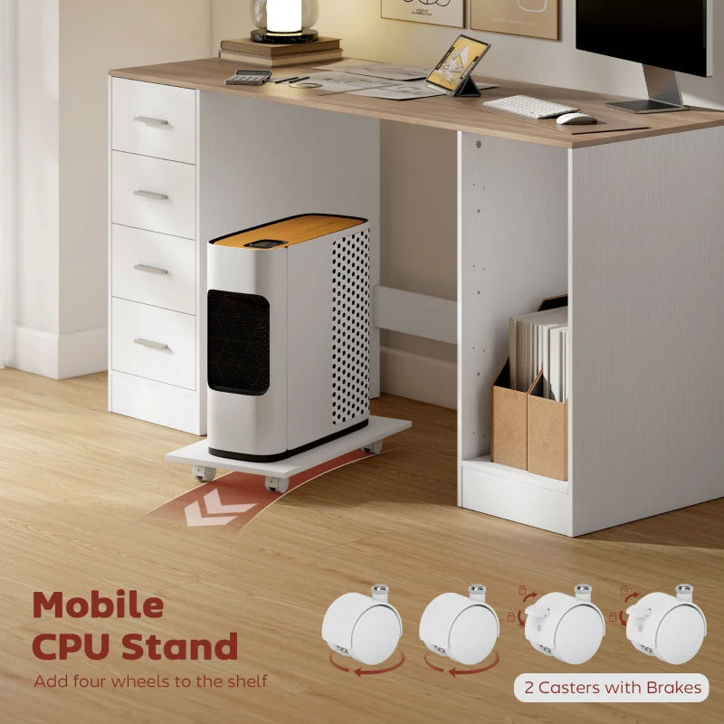 Office Desk, 55" Computer Desk with 4 Reversible Drawers, Mobile PC Stand, Adjustable Shelf, White Wood Grain