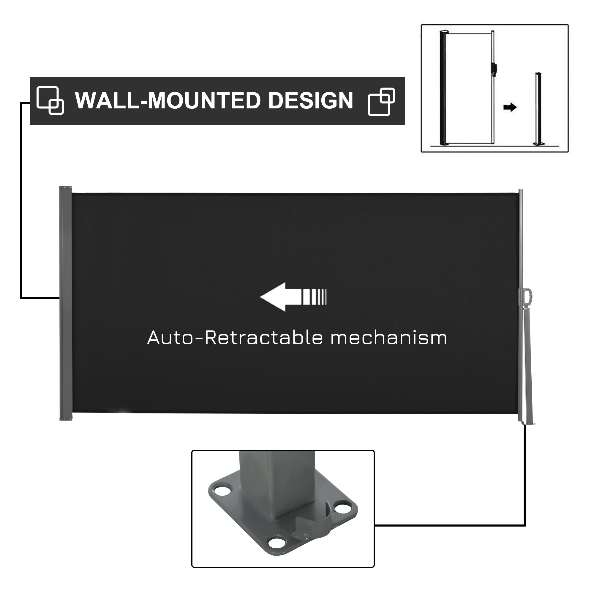 Outsunny Retractable Side Awning 118" x 63" UV Wind Resistant Outdoor Privacy Screen Folding Patio Black 