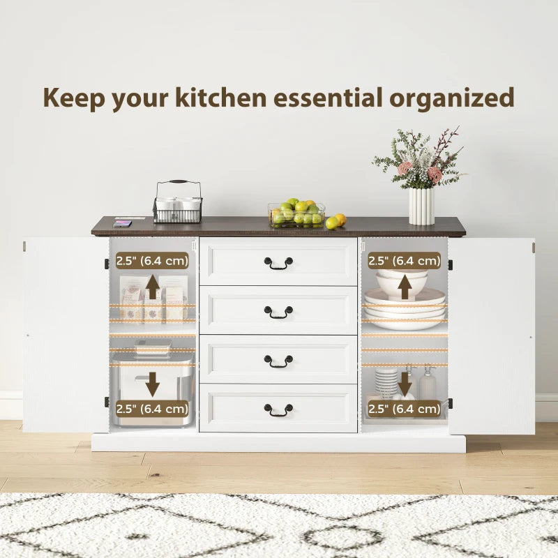 Farmhouse Sideboard with Charging Station, 58" Buffet Cabinet, Kitchen Storage Cabinet with 4 Drawers, 2 Doors, White