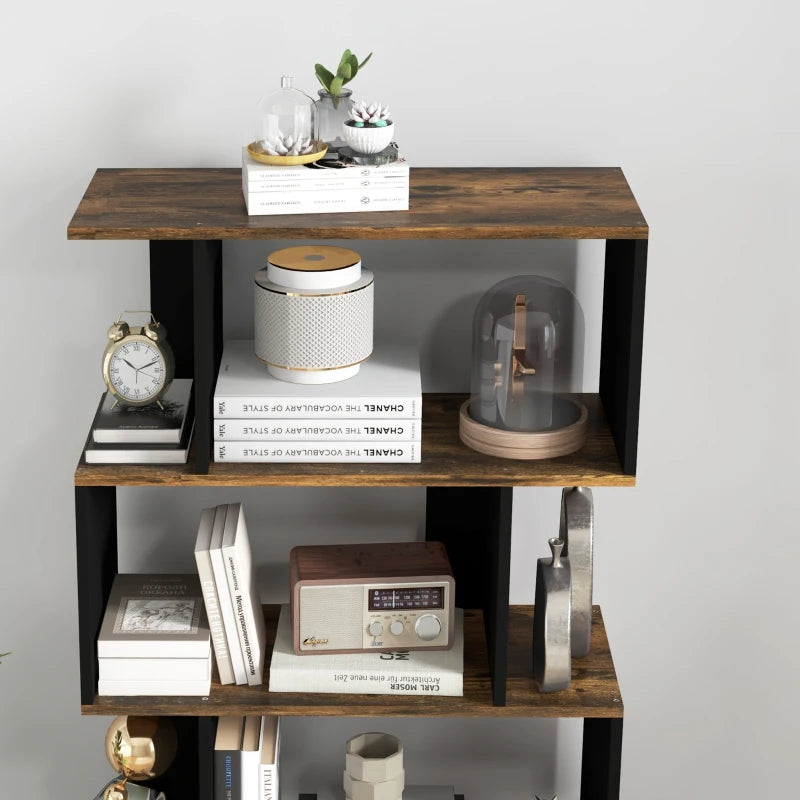 5-Tier Bookshelf, Geometric S Shaped Bookcase, Tall Narrow Display Shelf for for Living Room, Study Room, Rustic Brown