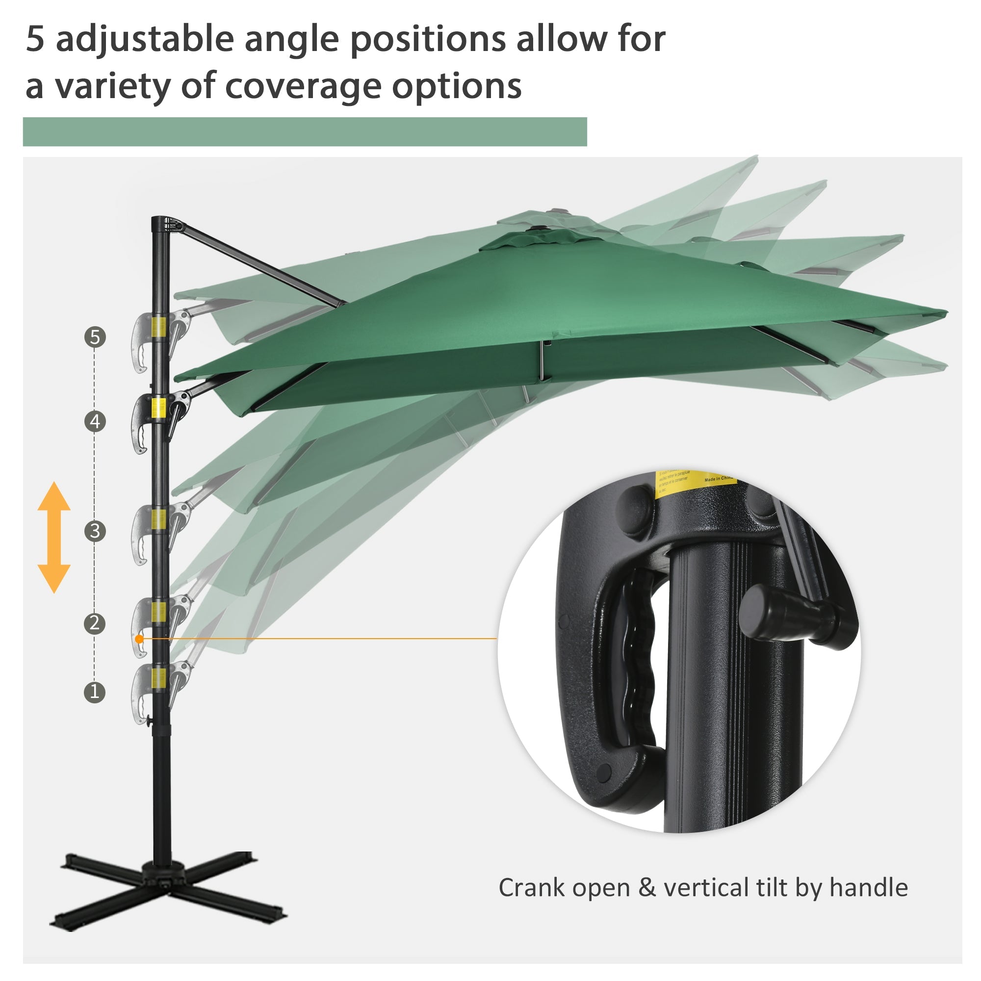 Outsunny Square Hanging Offset Patio Umbrella: 8'x8' Aluminum Cantilever Crank Parasol with 360° Rotation & Cross Base, Green 