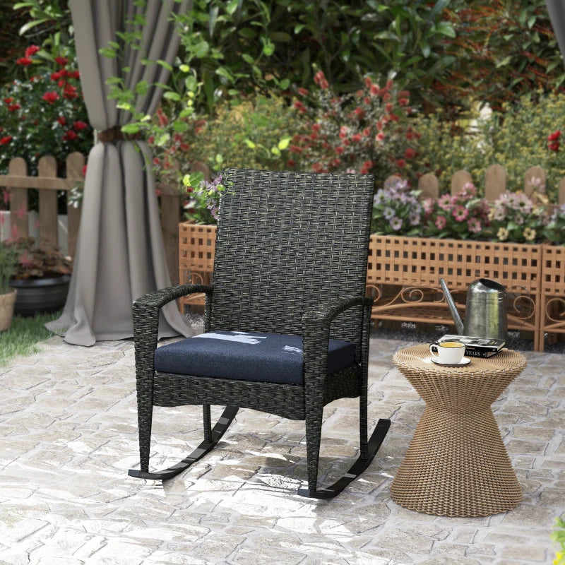Outdoor Rocking Chair, Patio Wicker Chair Removable Cushion, High Back and Armrests for Porch Balcony, Navy Blue