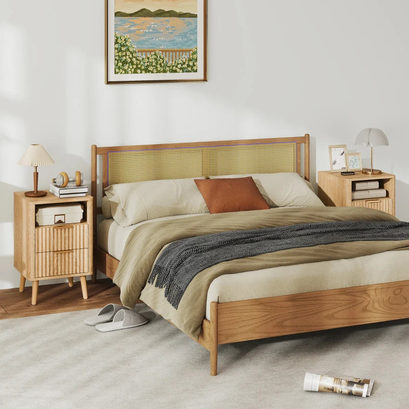 Nightstands Set of 2, Modern Bedside Tables with Charging Station, 2 Drawers and Open Shelf, Oak