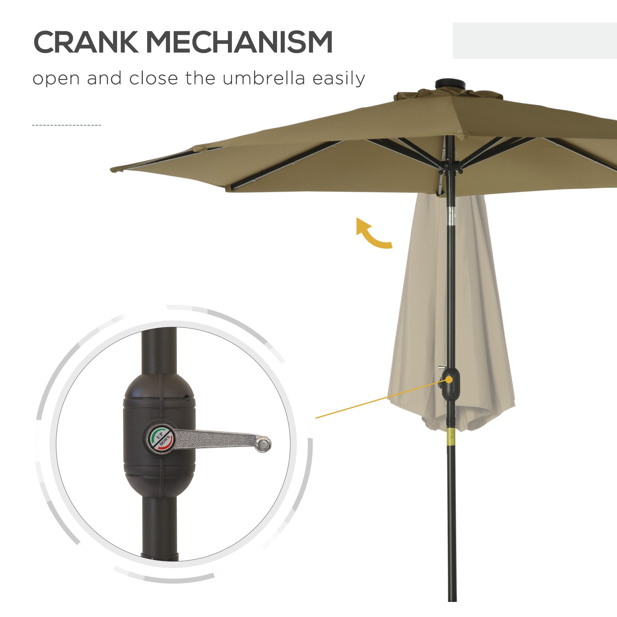 Outsunny Solar Radiance Parasol: 9ft Outdoor Sunshade with 24 LED Lights, Tilting Canopy Umbrella Brown 