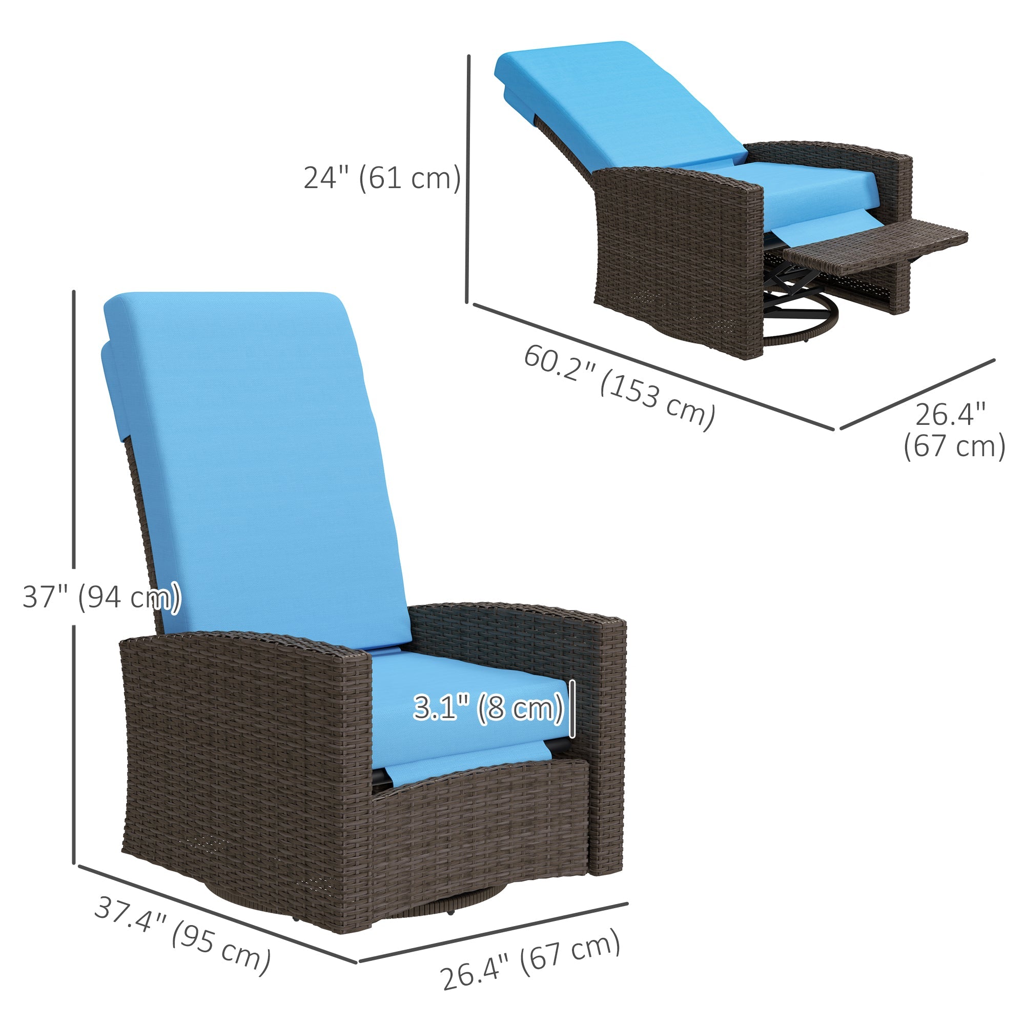 Outsunny Outdoor Rattan Wicker Lounge Chair with Footrest & Soft Cushion for Patio, Garden, Backyard, Sky Blue 