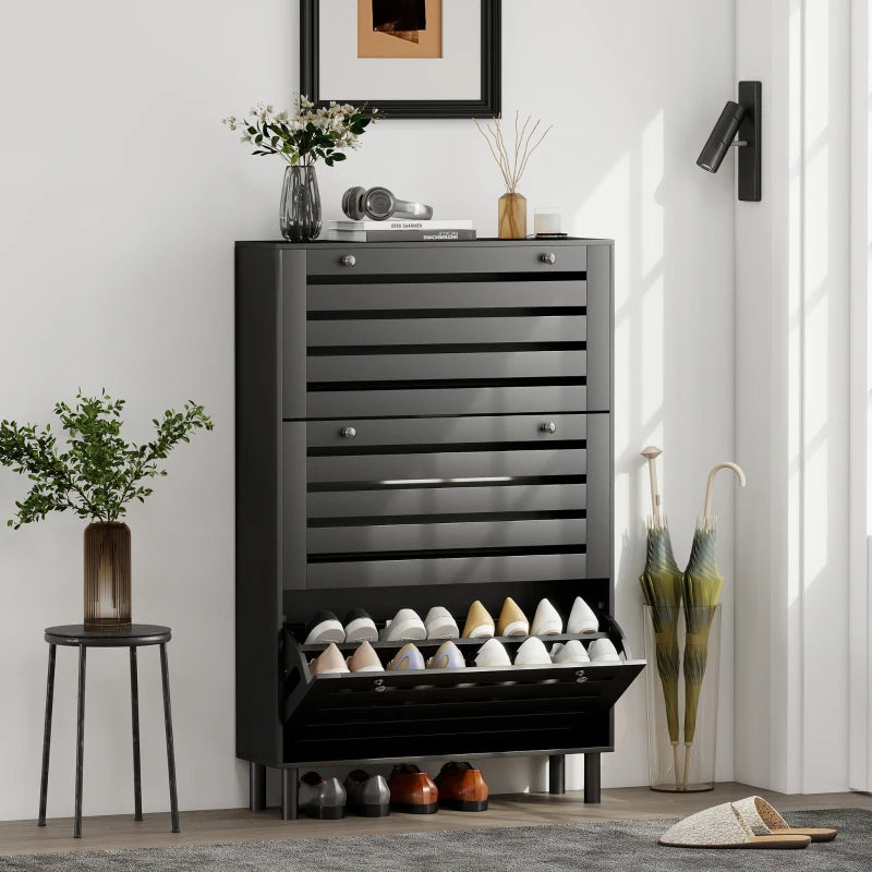 Narrow Shoe Storage Cabinet, 3 Flip Drawers, Adjustable Shelves, 18-24 Pairs Capacity, Black