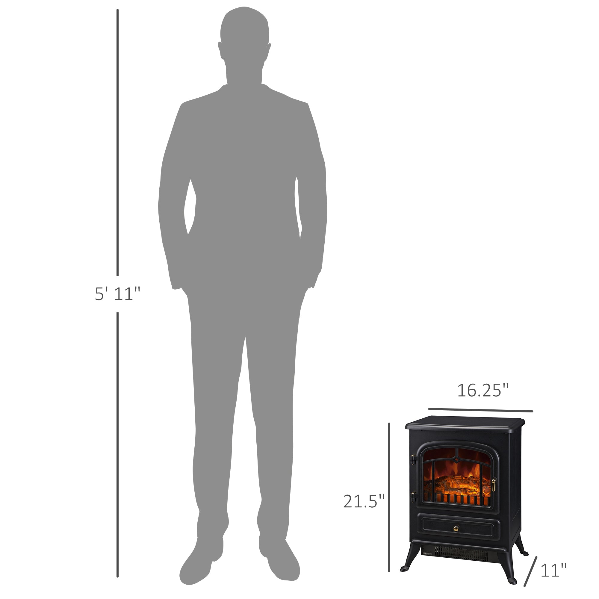 HOMCOM 16" Freestanding Electric Fireplace Heater Fire Stove with Wood Burning Flame 750/1500W Black 