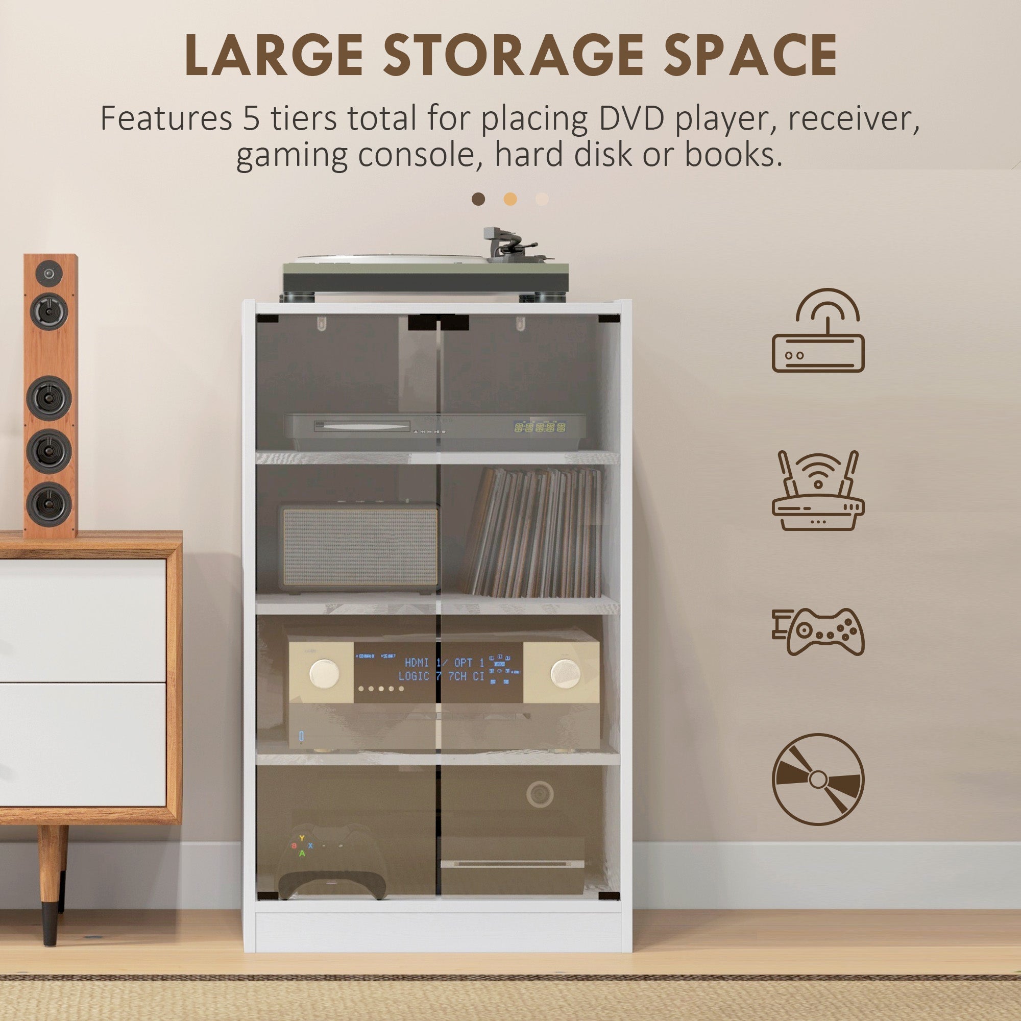 HOMCOM Distressed White Media Stand: 5-Tier with Adjustable Shelves, Tempered Glass & Cable Management 