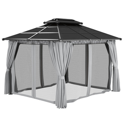 Outsunny Outdoor Hardtop Gazebo: 10'x12' Double PC Roof with Steel Frame, Nettings & Curtains, Grey 
