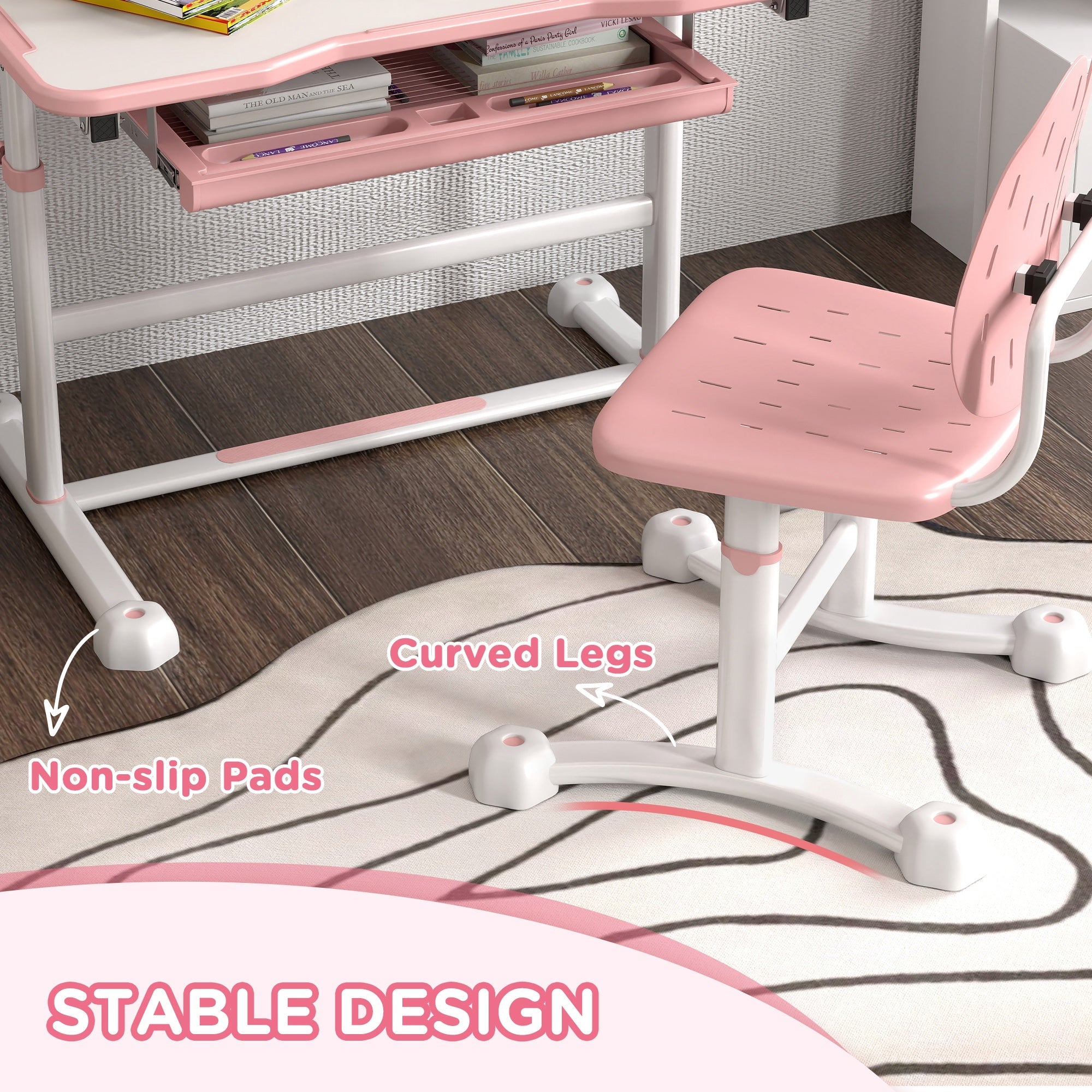 Qaba Height Adjustable Kids Desk and Chair Set with Tilt Desktop, Large Writing Board, Storage Drawer, Book Stand, Pink 
