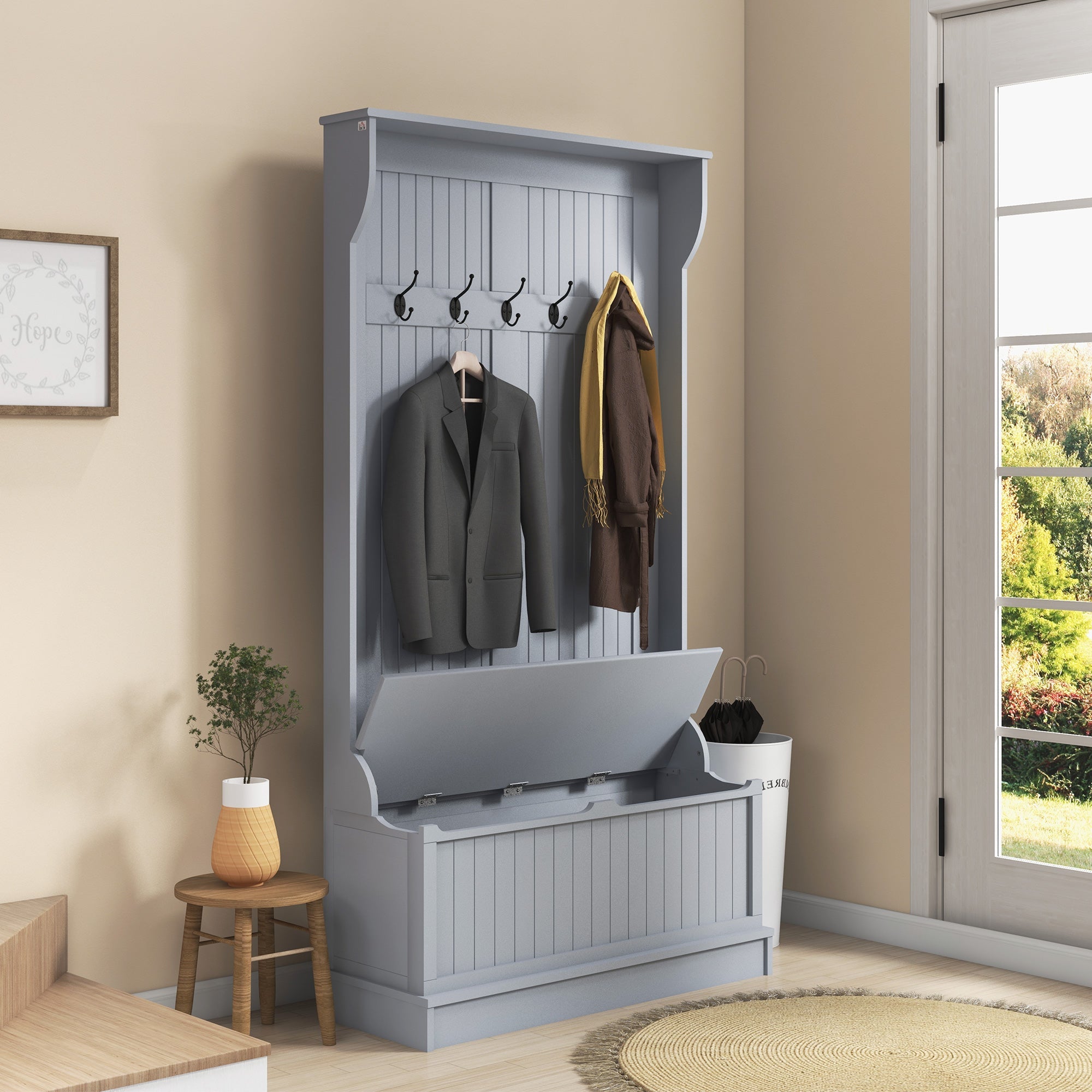 HOMCOM Modern 3-In-1 Entryway Hall Tree with Coat Rack, Bench and Shoe Storage, 5 Hooks for Hallway, Living Room, Grey 